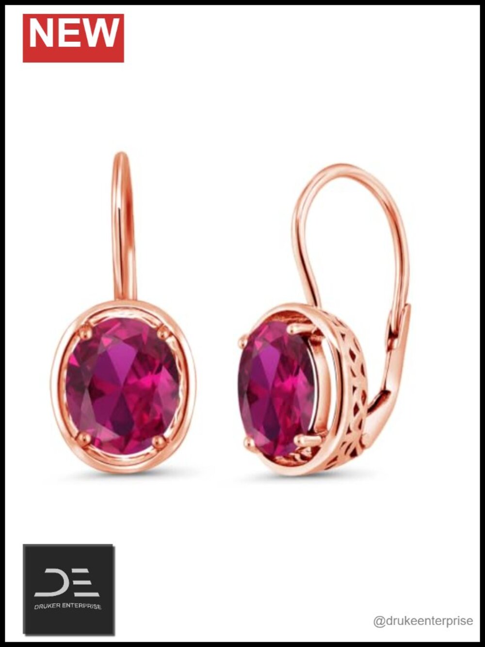Oval Created Ruby Dangle Earrings 18K Rose Gold Plated Sterling Silver